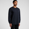 A long-sleeve T-shirt in navy blue, featuring a simple design and a logo.