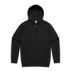 A black zip-up hoodie with a hood and long sleeves, featuring a logo on it.