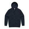 A navy zip-up hoodie with a hood and long sleeves, featuring a front zip closure and a simple design.