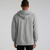 A grey hoodie with a hood, featuring a logo on the back, displayed against a neutral background.