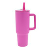 A drink bottle in vibrant pink, with a handle and a straw, designed for easy hydration. It has a logo on the side.