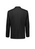 A black men's blazer with a sleek design, featuring a back vent and buttoned cuffs, has a logo on the back.