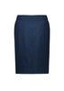 A navy functional pencil skirt featuring a simple design and elastic waistband. It has a discreet logo.