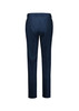 Navy tapered pants with an adjustable waist, featuring a sleek design and a logo at the waistband.