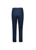 Navy blue women's 7/8 mid-waist slim leg pant with two back pockets and a logo.
