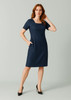 A short-sleeve dress in navy blue with a square neckline and side pockets, featuring a smooth, fitted style.