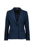 A women's mid-length blazer in navy blue with a single button and tailored design. It features two front pockets and has a logo.