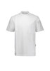 A short-sleeved white medical uniform with shoulder snaps and a front pocket, featuring a clean and minimalist design.