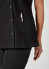 A black women's jacket featuring a pocket with a clip pen. The fabric has a sleek design with buttons.