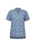 A short-sleeved tunic in a blue and white stardust print, featuring a collar and side pockets. It has a logo.
