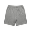 Grey youth track shorts with an elastic waistband and a single back pocket. Features a logo.