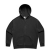 A black zip-up hoodie featuring a hood and front pockets, with a logo present on the design.