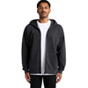 A black zip-up hoodie with a spacious fit, featuring a hood and front pockets. It has a small logo.