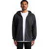 A casual black zip-up hoodie with a hood, featuring a relaxed fit and front pockets.