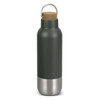 A drink bottle with a matte olive green body, cork lid, and stainless steel base. It features a metal loop for carrying.