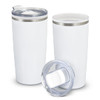 A white double wall travel mug with a clear lid and stainless steel band. Two mugs are displayed.