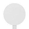 A round, white magnetic wireless charger with a sleek design and a built-in stand.