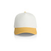 A two-tone cap featuring a white front and a yellow peak, with a branded logo on the side.