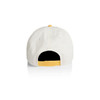 A two-tone cap featuring a white body and a yellow adjustable strap at the back, with a logo present.