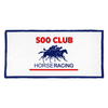A white sports towel with blue trim featuring a horse racing design and branding elements in red and blue.