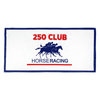 A white sports towel with blue trim featuring a horse racing graphic and a logo.