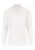 A white slim-fit button-up shirt with long sleeves and a collar, featuring a logo on the chest.