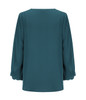 A teal V-neck popover shirt with long, balloon-style sleeves and a clean, simple back design.
