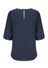 A dark navy puff sleeve top featuring a keyhole back detail and a smooth fabric finish. The top has an understated design.
