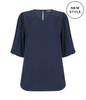 A navy Poppy Puff Sleeve Top, featuring a round neckline and puff sleeves, with a logo present on the design.