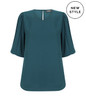 A teal puff sleeve top with a square neckline and a back keyhole detail, featuring a logo.