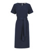 A navy twill dress featuring short sleeves and a belted waist, designed for a stylish look.