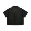 A short-sleeved black button-up shirt featuring a simple design and a minor logo on the back.