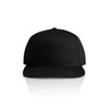 A black 7-panel cap with a flat brim and a logo on the front.