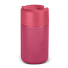 A drink bottle in a vibrant pink hue with a sealed top and a logo on the body.