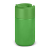 A drink bottle in bright green with a sleek design and a flip-top lid, featuring a logo.