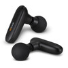 A compact handheld massager in black, featuring a rounded head and a curved handle. Includes a logo.