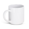 A white stackable coffee mug with a rounded design and a handle, featuring a smooth finish.
