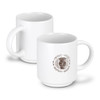 A stackable white espresso mug featuring a simple design and logo. Ideal for serving coffee drinks.