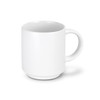 A stackable white coffee mug with a smooth finish and a rounded handle, featuring a simple design with a branding logo.