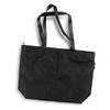 A black tote bag with long handles and a zippered top, featuring a simple design and a logo.
