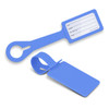 A blue silicone luggage tag with a loop, featuring a blank identification area and a cardholder.