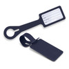 A navy silicone luggage tag featuring a loop handle and a clear identification area. It includes a branding logo.