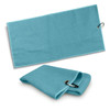 A waffle-textured golf towel in a vibrant aqua colour, featuring a hook for easy attachment.