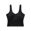 A black active bra tank with a v-neck design and wide straps, featuring a logo.