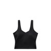 A black active bra tank featuring a v-neck design and wide straps. The garment has a minimalist style and a branding logo.