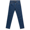 A pair of blue jeans with a classic cut, featuring five pockets and a branding label on the waistband.