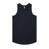 A navy blue singlet, featuring a rounded hem and no sleeves, with a logo on the neckline.