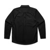 A black work shirt with a collared neckline and long sleeves, featuring a back yoke and a logo.