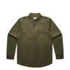 An olive green work shirt with a collar, long sleeves, and two front pockets. It features a logo on the label.