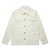 A light cream canvas chore jacket with button closures and multiple pockets, featuring a brand logo.